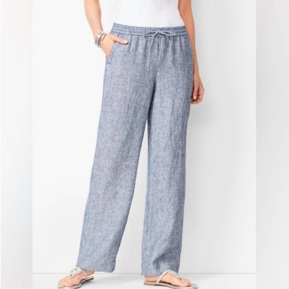 Talbots Pant Trouser Linen Train Conductor Stripe Patch Pockets Straight Beach 8
